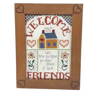 Welcome Praise Scripture Art Cross Stitch, Vintage Hand Crafted Heart Framed Wal
